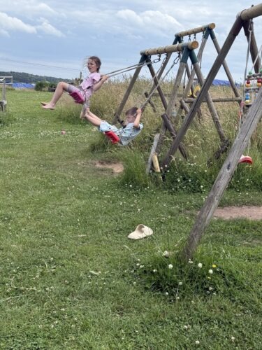 Children playing on the swings